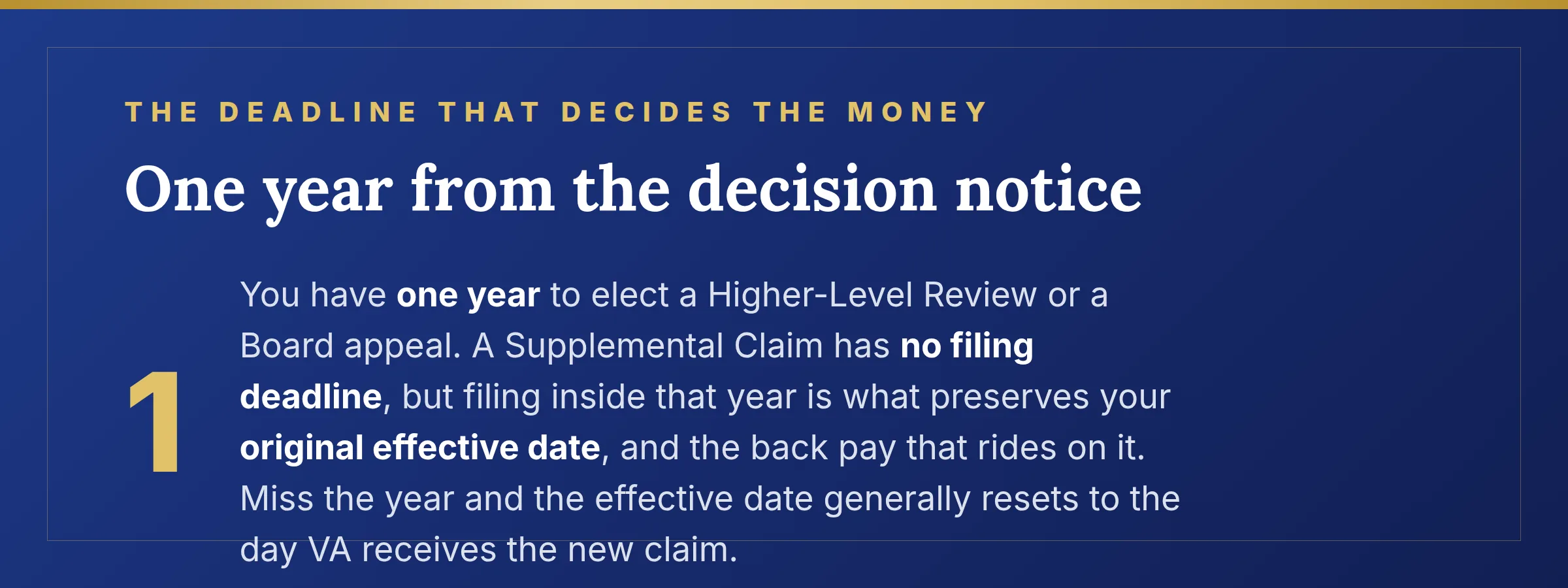 Graphic: one year from the decision notice to elect a Higher-Level Review or Board appeal