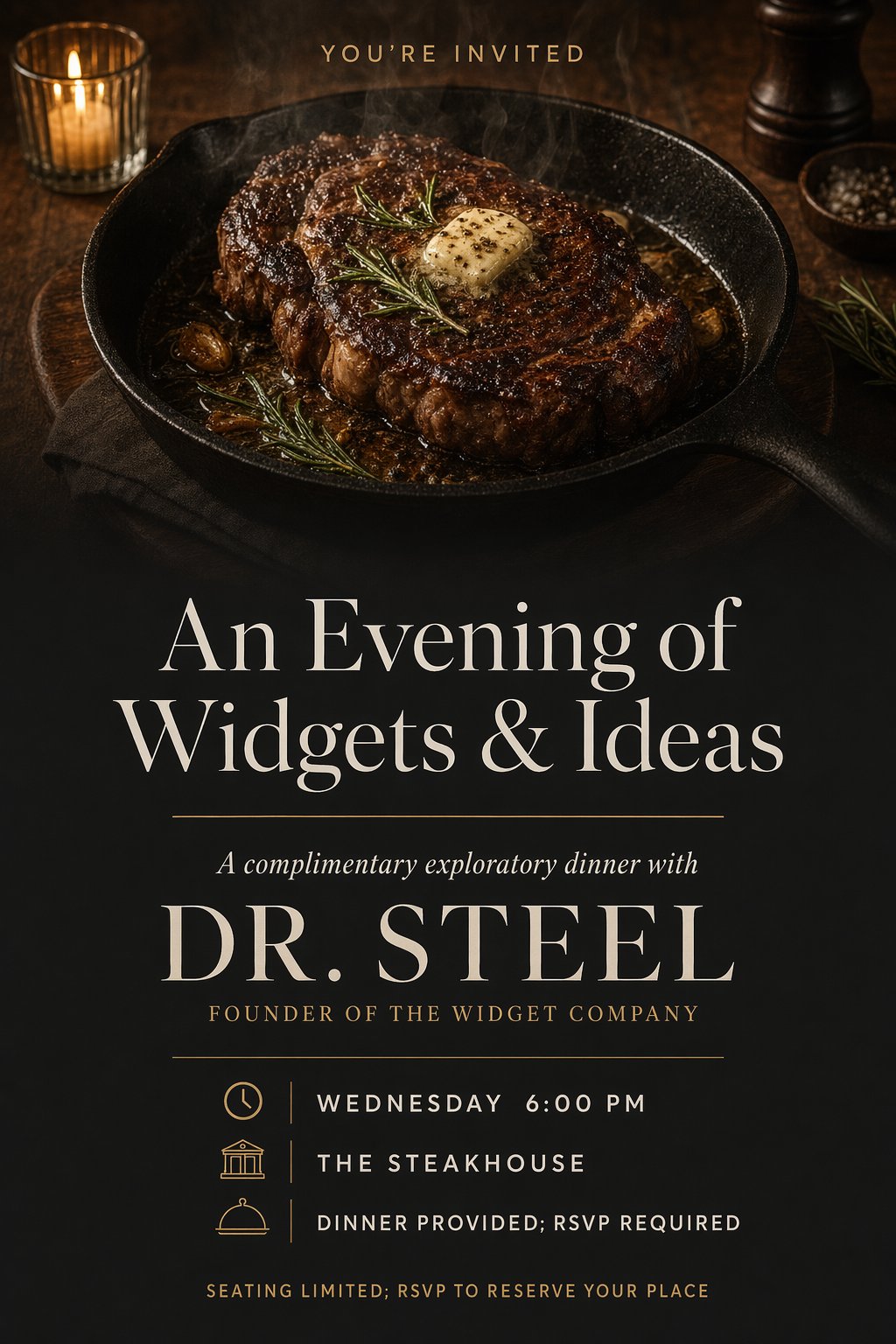 AI-generated event poster demonstration: An Evening of Widgets and Ideas, featuring Dr. Steel at The Steakhouse. Fictional example.