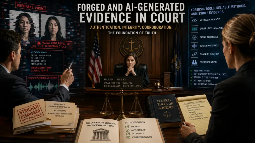 Descriptive image showing a collage of forged evidence situtations.